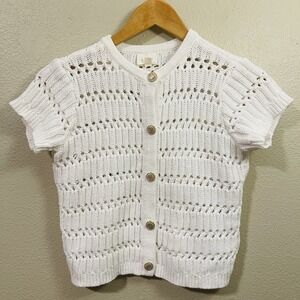 Cyrus Open Knit Cardigan Cropped White Gold Buttons Preppy Oversized Size XS